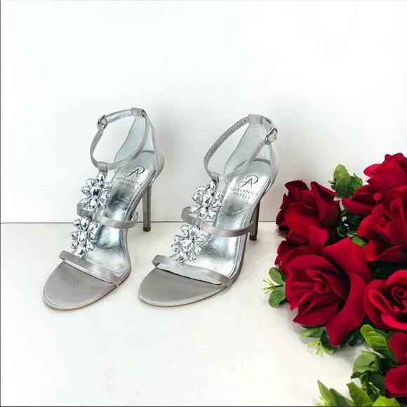 Adrianna Papell Daphne Stiletto Sandal Size 6 Silver Satin & Leather Embellished - Picture 13 of 16